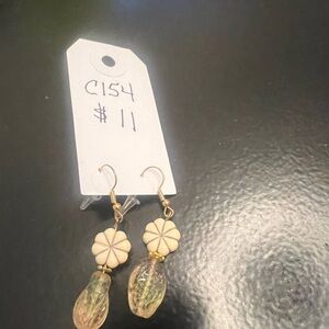 Gold-Tone Cream Floral Drop Earrings with Translucent Teardrops
